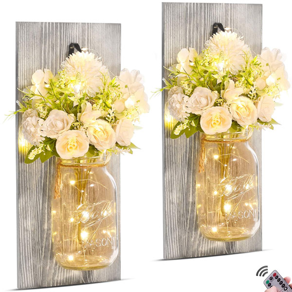 Hsuner Wall Decor Mason Jar Sconces - with Remote Timer Fairy Lights and Upscale Elegant Roses Flowers Bouquet, Rustic Farmhouse Home Decor, Wall Decorations for Living Room, Set of 2 Upgraded