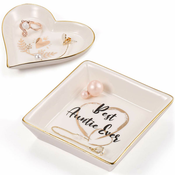 Aunt Gifts Ring Jewelry Dish - Cute Ring Holder Ceramic Trinket Tray Square and Heart Shape for Auntie Birthday Thanksgiving Day Gift from Niece- Best Auntie Ever