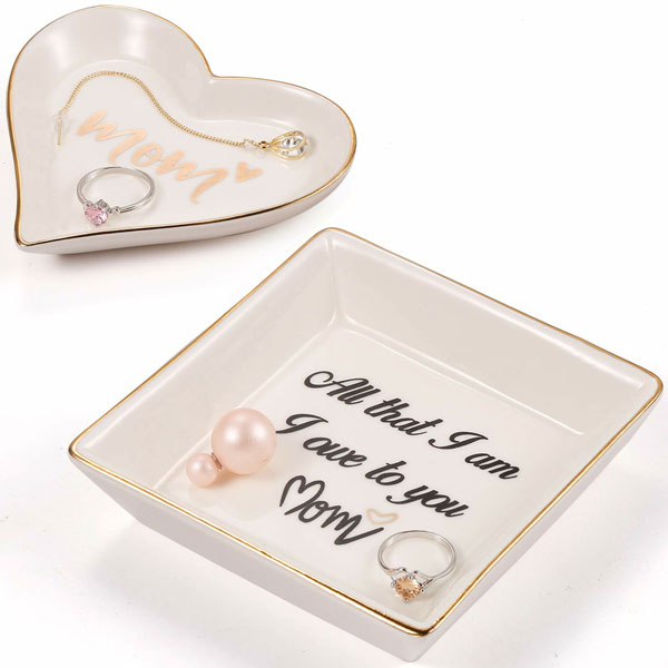 Mother of the Bride Gifts Ring Dish from Daughter - Cute Ring Holder Ceramic Trinket tray Square and Heart Shape for Mothers Grandma Birthday Thanksgiving Day Gift - All that I am I Own to You Mom