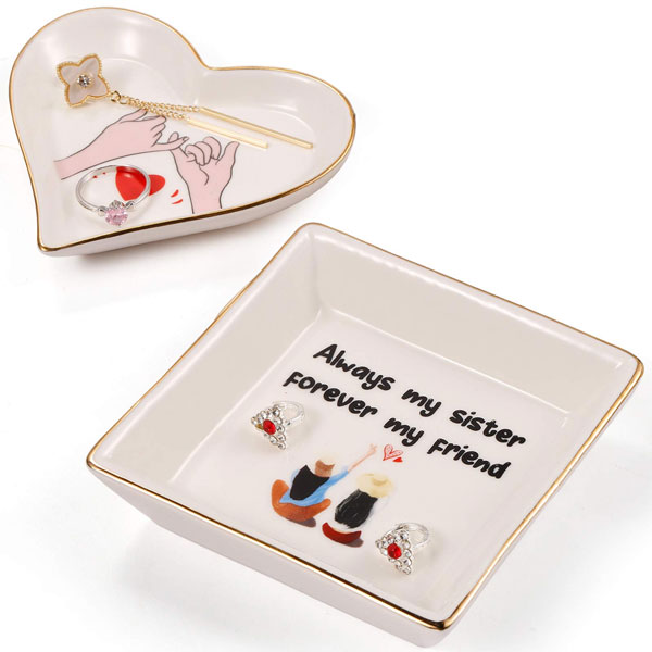 Sister Birthday Gifts from Sister- Sister Gift, Decorative Ring Dish Ceramic Square and Heart Shape Gifts for Sister Birthday, Graduation Gifts for Her- Always My Sister, Forever My Friend