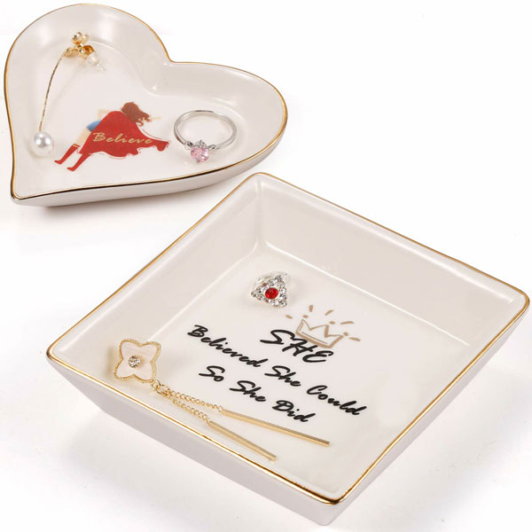 Inspirational Gifts for Women Jewelry Tray-Cute Ring Jewelry Dish Ceramic Trinket Tray Square and Heart Shape Gifts for Daughter Mom Birthday - She Believed She Could So She Did