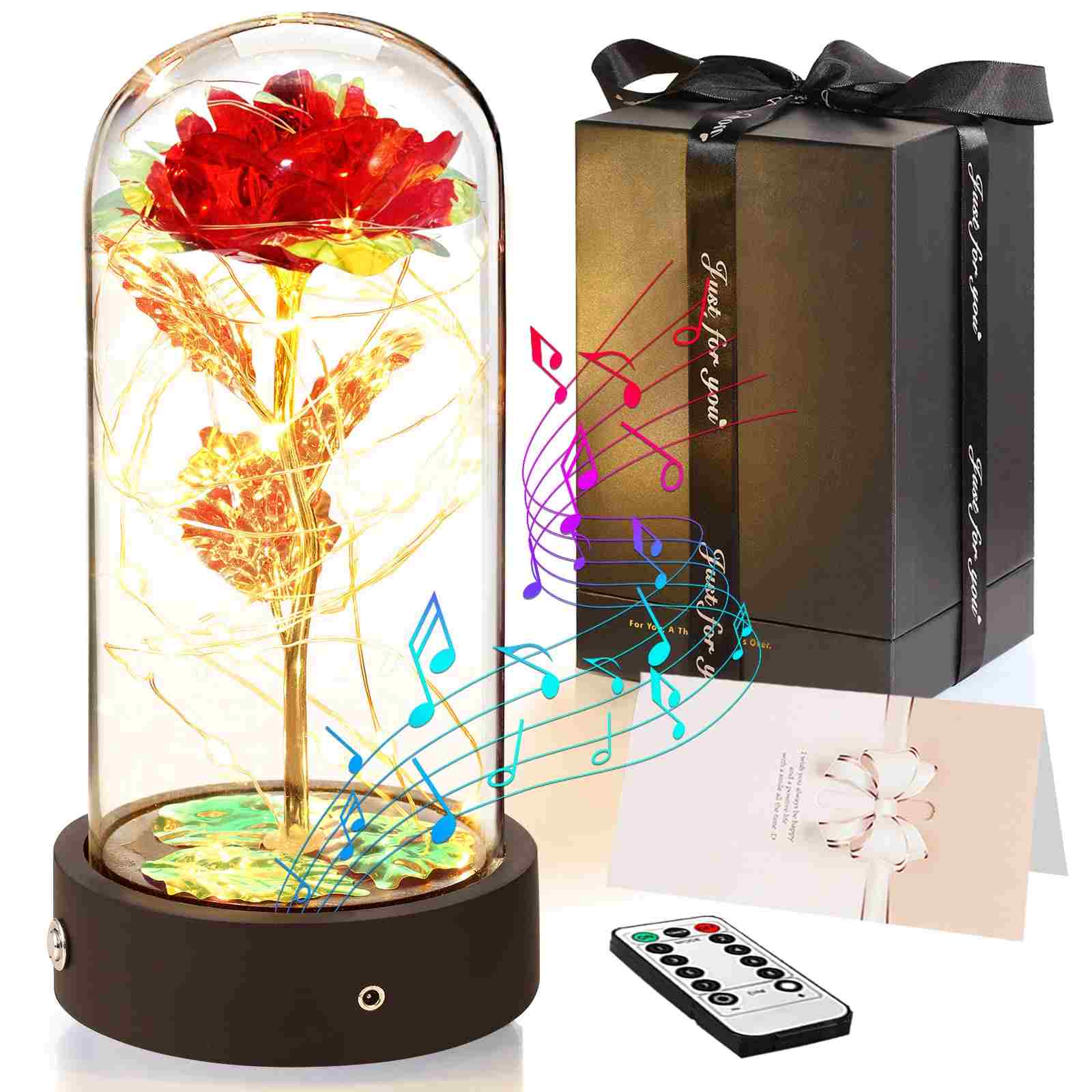 Hsuner Valentines Day Gifts for Her, Beauty and The Beast Red Rose Music Box, Mom Birthday Gifts for Women, Glass Rose Flower in Dome with LED Lights, Anniversary Presents for Wife