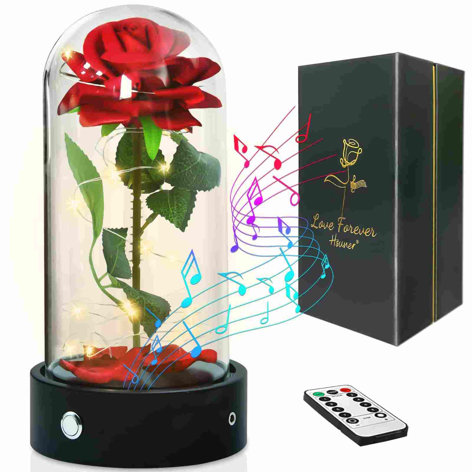 Hsuner Birthday Gifts for Her, Enchanted Rose Beauty and The Beast Music Box, Red Silk Galaxy Forever Rose in Glass Dome, Valentines Day Anniversary for Women Wife Mom Girlfriend