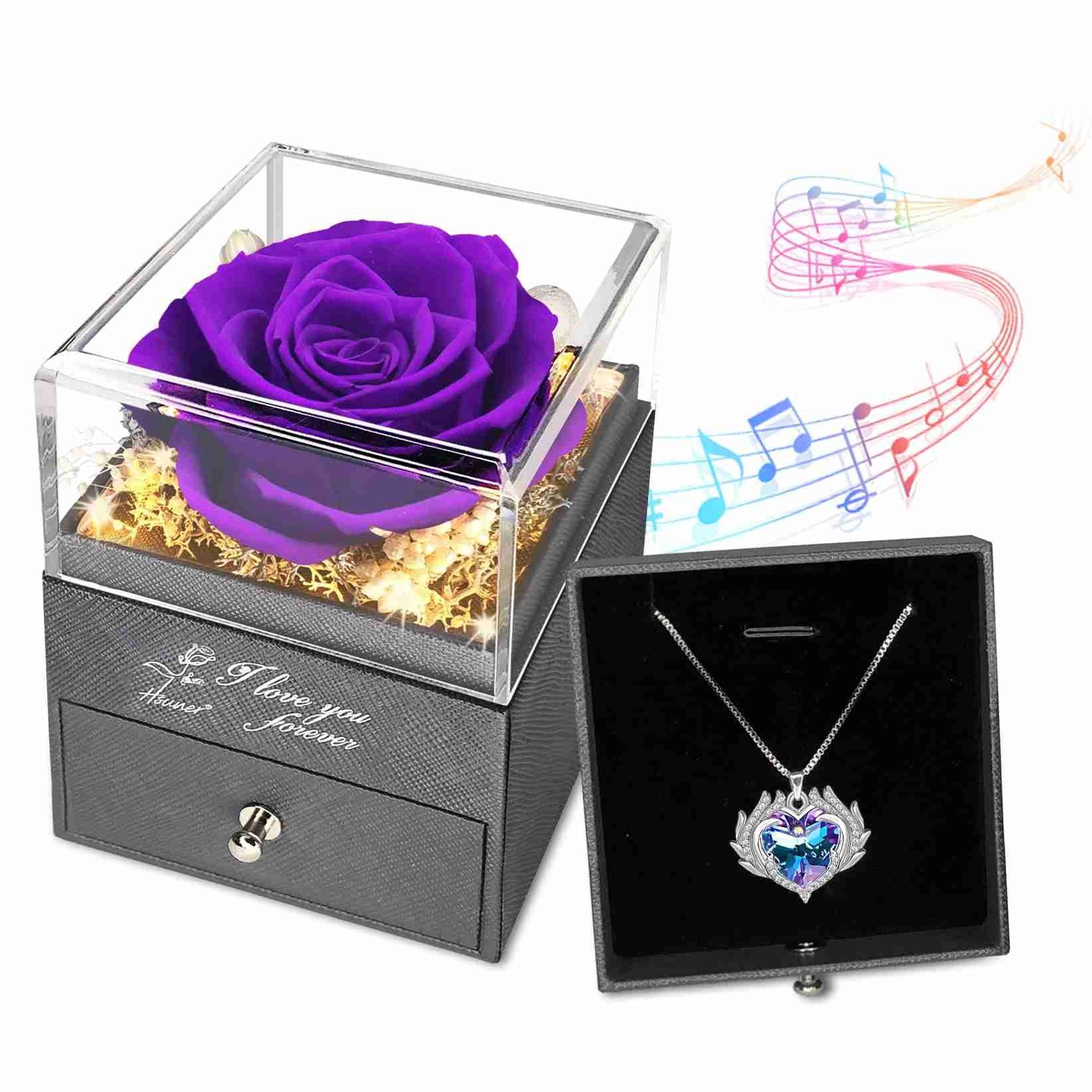 Gifts for Girlfriend, Preserved Purple Real Led Rose Flowers with Angel Wing Love Heart Jewelry Necklaces, You are My Sunshine Music Box, Anniversary Mothers Day Birthday Gifts for Mom Women Her Wife