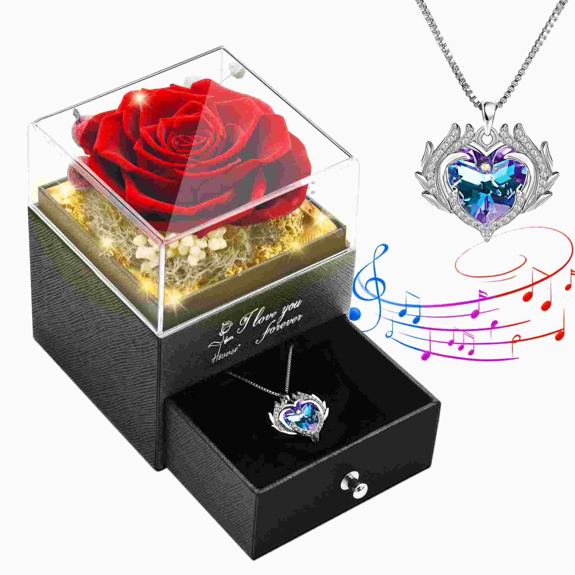 Gifts for Mom, Preserved Red Real Led Rose Flowers with Angel Wing Love Heart Jewelry Necklaces, You are My Sunshine Music Box, Anniversary Mothers Day Birthday Gifts for Women Wife Girlfriend Grandma