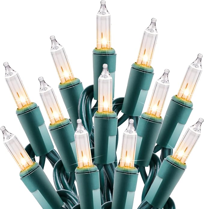 Hsuner Clear Christmas String Lights 100 Count 25 Feet Incandescent Bulb Mini Lights for Indoor Xmas Tree Garland Birthday Wedding Party Festival Decoration, Green Wire  Lights, electric, for Christmas trees